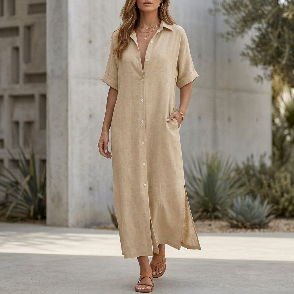 Relaxed Woven Maxi Shirt Dress with Vertical Stripes and Side Slits