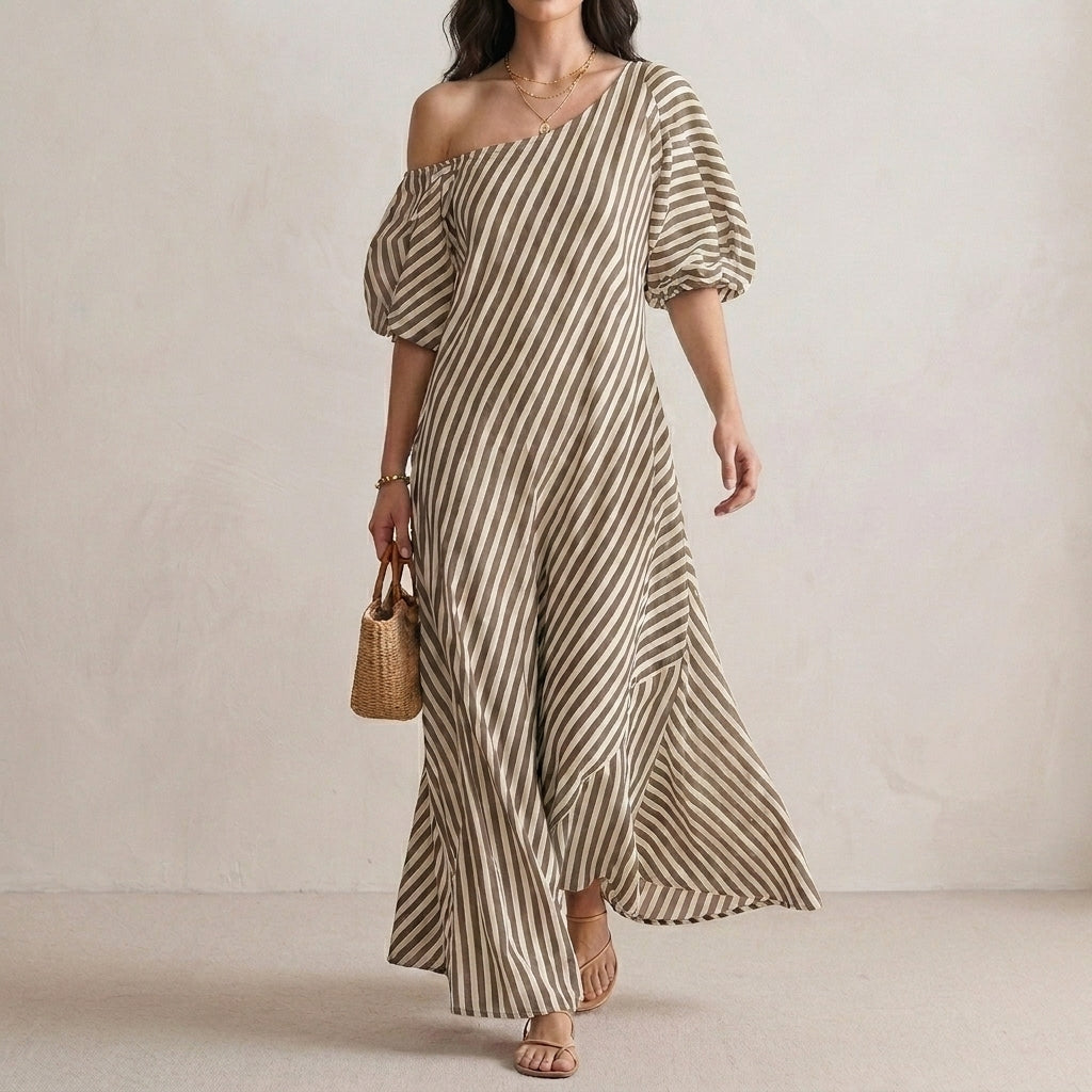 Striped One-Shoulder Maxi Dress with Relaxed Coastal Flow Silhouette