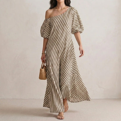 Striped One-Shoulder Maxi Dress with Relaxed Coastal Flow Silhouette
