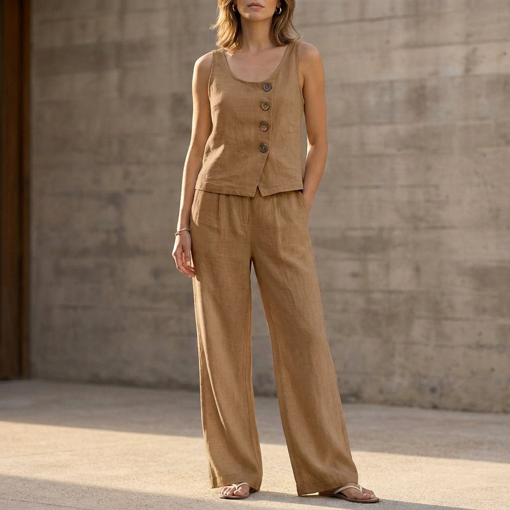Relaxed Sleeveless Two-Piece Set with Decorative Buttons and Wide-Leg Trousers