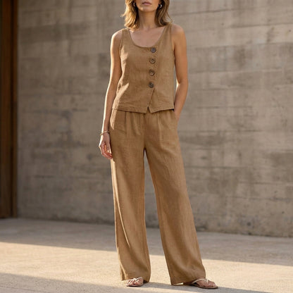 Relaxed Sleeveless Two-Piece Set with Decorative Buttons and Wide-Leg Trousers
