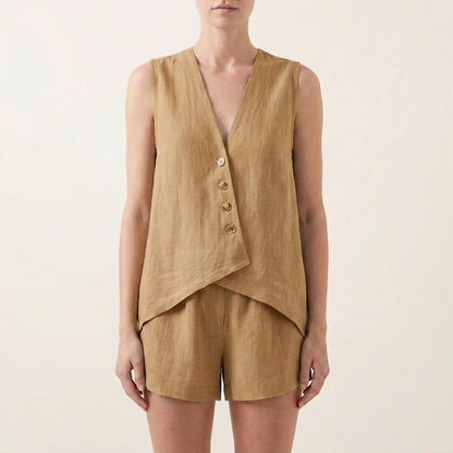 Relaxed Sleeveless V-Neck Two-Piece Set with Asymmetrical Button Front