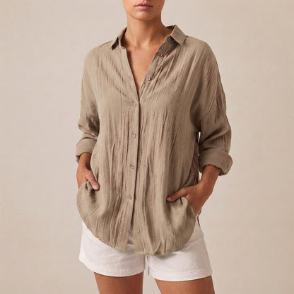 Linen Relaxed-Fit Longline Button-Up Shirt with Lapel Collar and Pleats