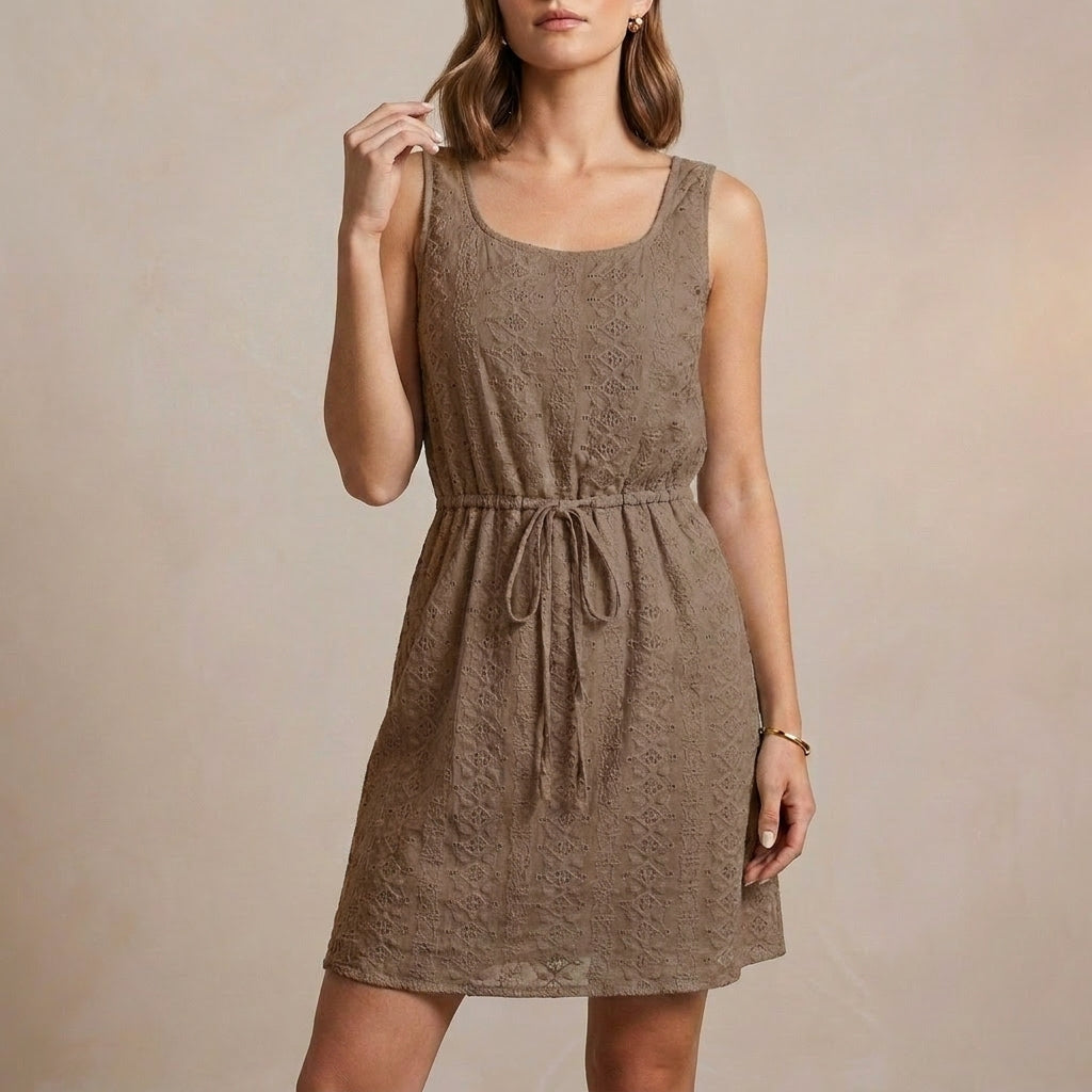 Sleeveless Mini Dress with Hollow-Out Textured Fabric and Adjustable Waist