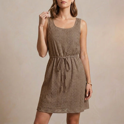 Sleeveless Mini Dress with Hollow-Out Textured Fabric and Adjustable Waist