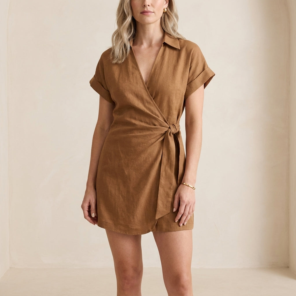 Coastal Escape Collared Wrap Romper with Waist Tie