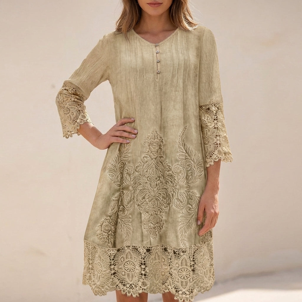Bohemian Embroidered Tunic Dress with Lace Trim and Flowing Silhouette