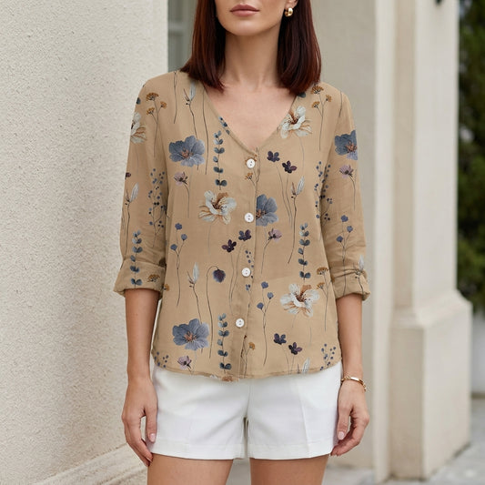 Vintage Floral Button-Front Blouse with Relaxed Silhouette