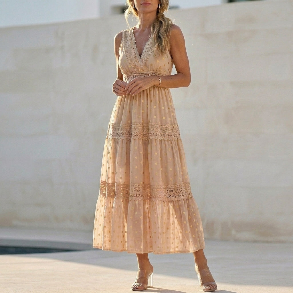 Bohemian Lace Maxi Dress with Tiered Skirt and Delicate Detailing