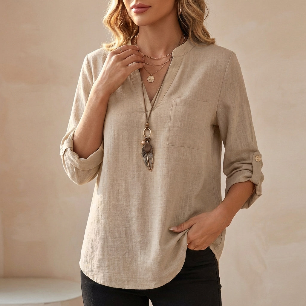 Relaxed V-Neck Cotton Linen Tunic Blouse with Roll-Up Sleeves