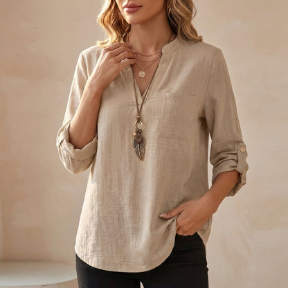 Relaxed V-Neck Cotton Linen Tunic Blouse with Roll-Up Sleeves