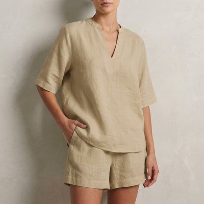 Relaxed Two-Piece Set with Split V-Neck Top and Wide-Leg Shorts