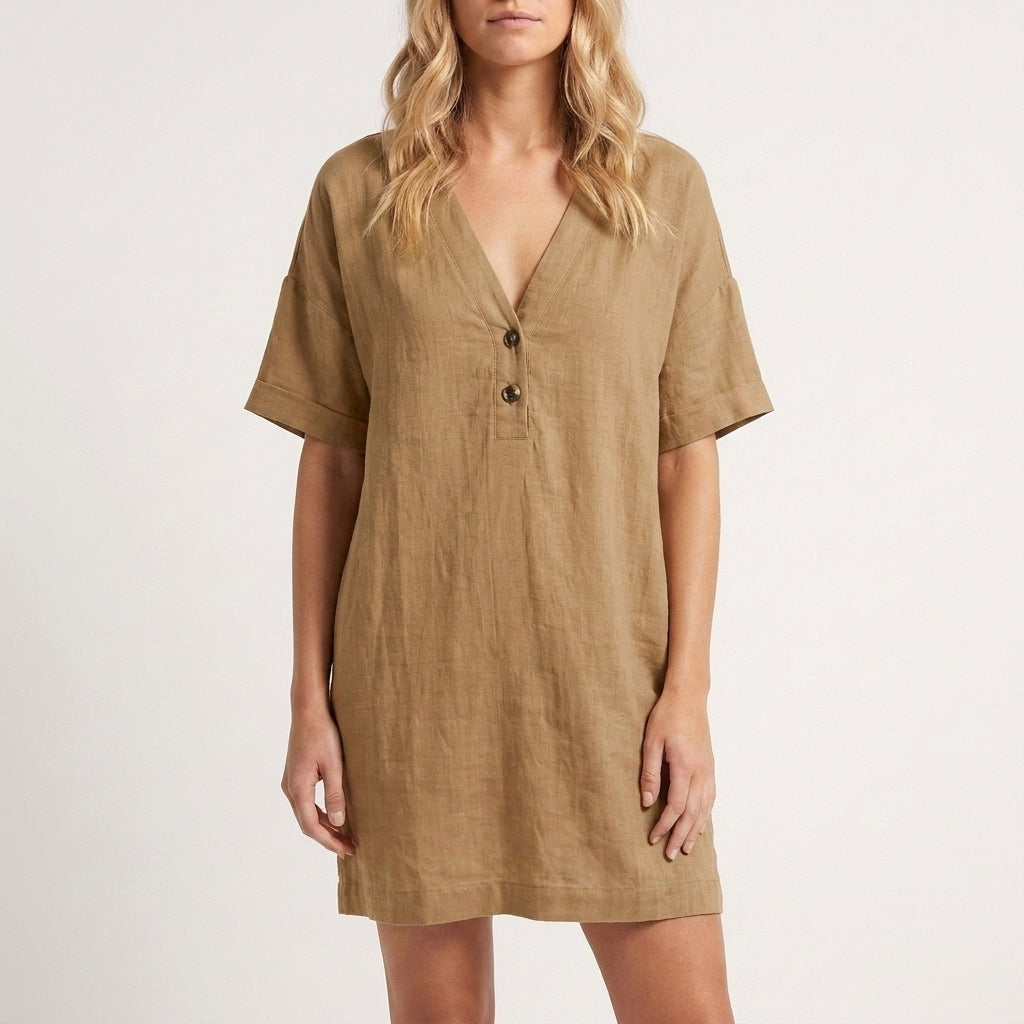 Relaxed V-Neck Mini Dress with Button Placket and Curved Hemline