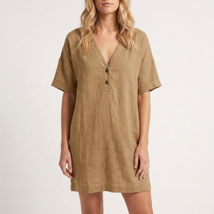 Relaxed V-Neck Mini Dress with Button Placket and Curved Hemline