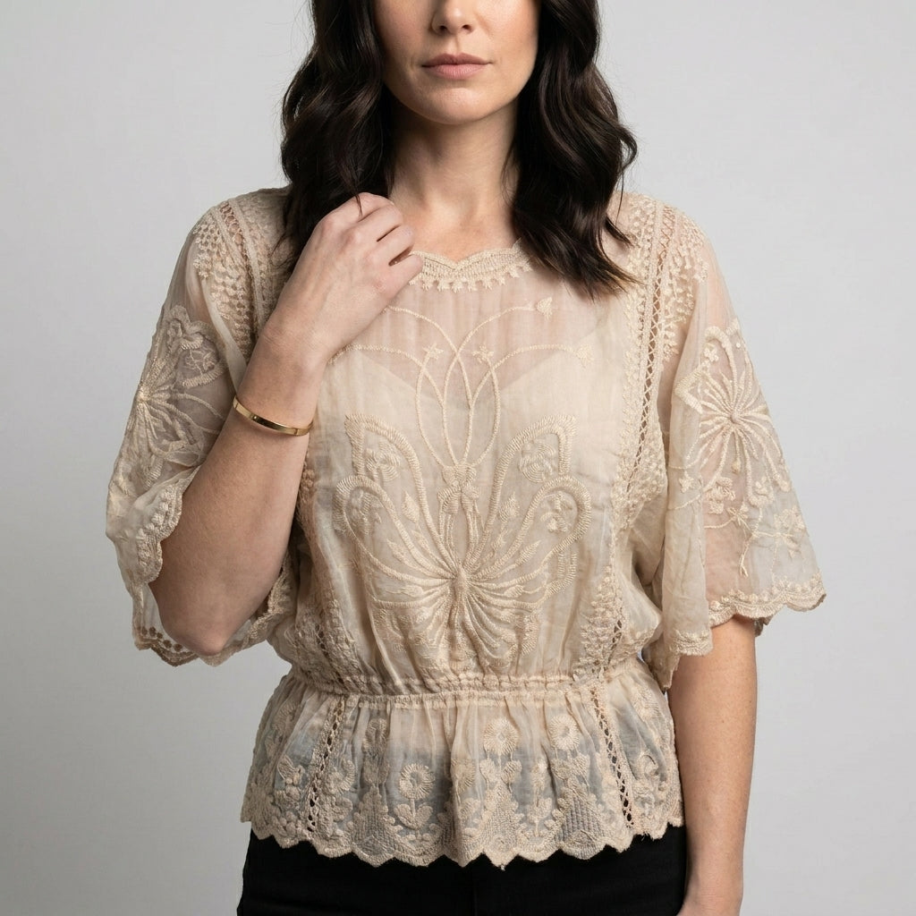 Celeste Embroidered Blouse with Sheer Bell Sleeves