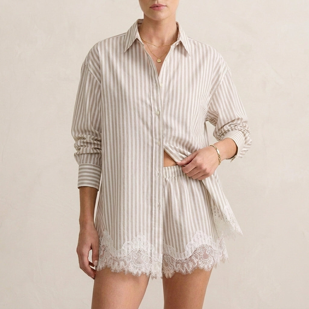 Relaxed Lace-Trimmed Two-Piece Shirt and Shorts Set with Classic Collar