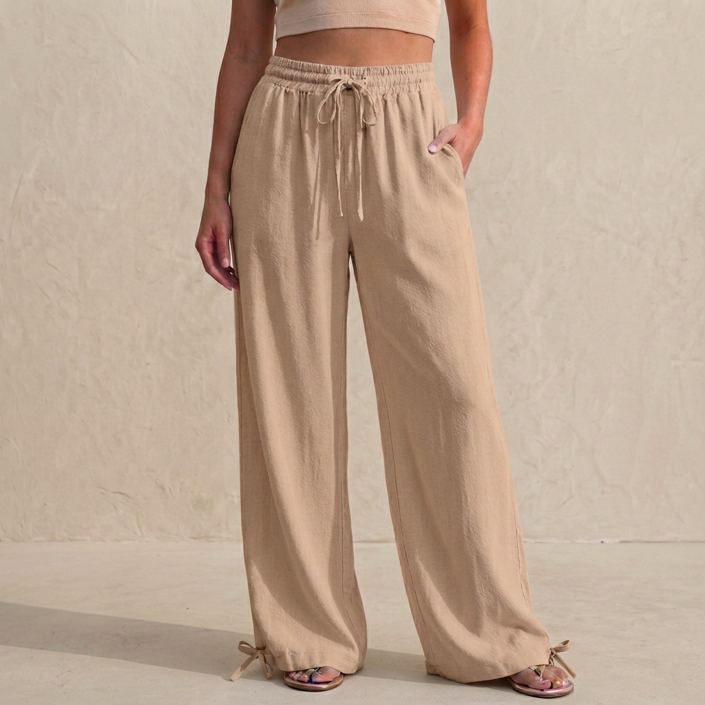Relaxed Wide-Leg Trousers with Drawstring and Ankle Tie Detail