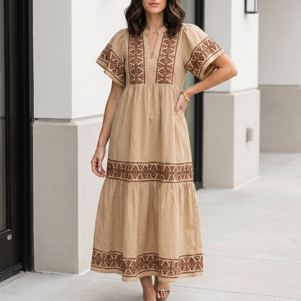 Bohemian Embroidered Tiered Midi Dress with Relaxed Silhouette