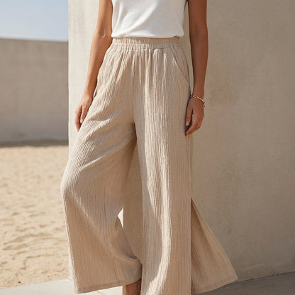 High-Rise Wide-Leg Pants with Smocked Waist and Textured Weave
