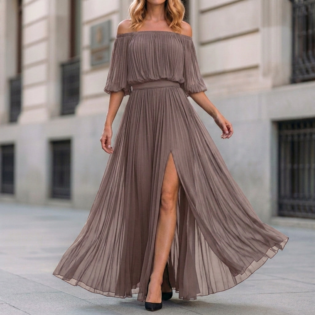 Ethereal Off-Shoulder Pleated Maxi Dress