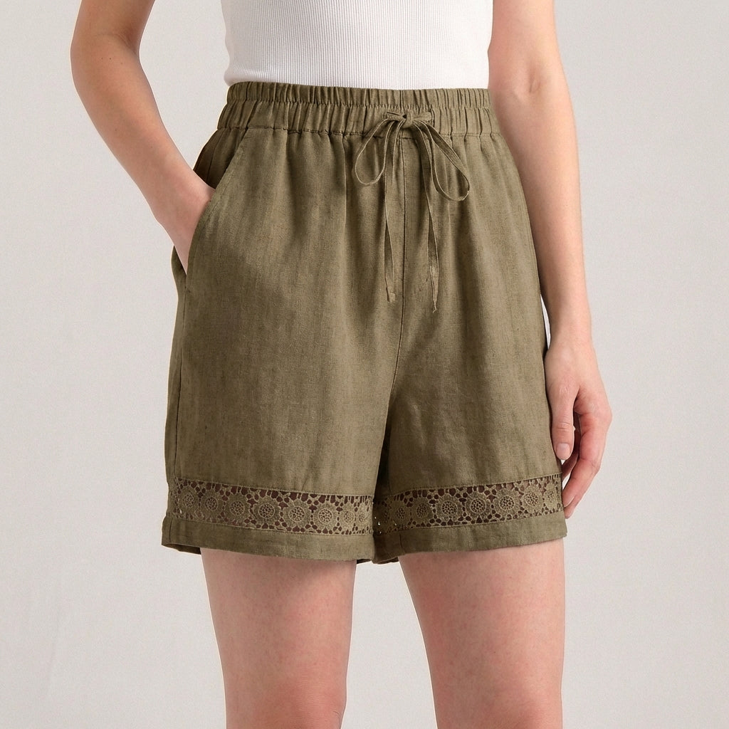 Wide-Leg Mini Shorts with Delicate Lace Hem and Drawstring Waist