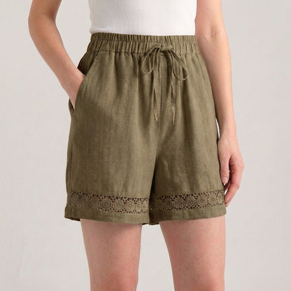 Wide-Leg Mini Shorts with Delicate Lace Hem and Drawstring Waist