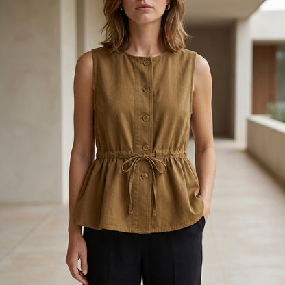 Sleeveless Peplum Blouse with Adjustable Tie Waist and Relaxed Fit