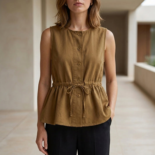 Sleeveless Peplum Blouse with Adjustable Tie Waist and Relaxed Fit