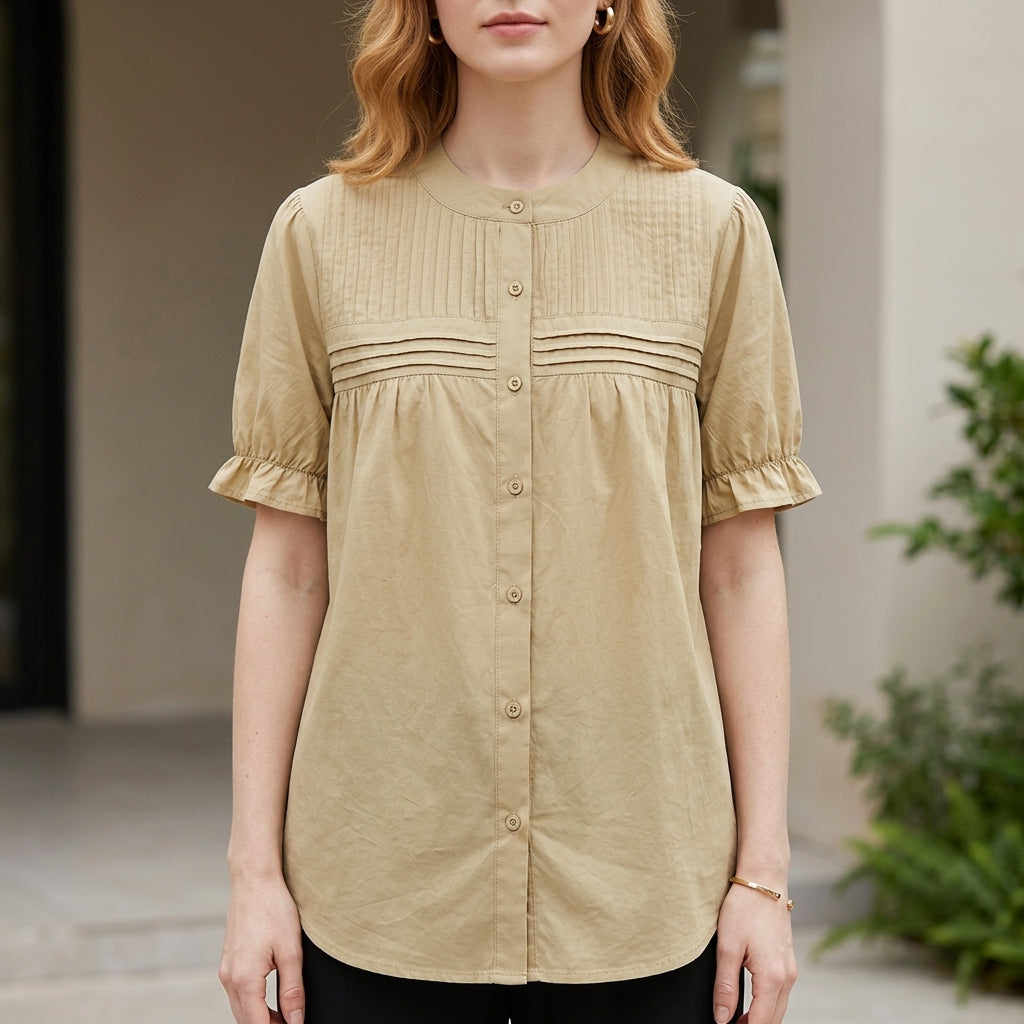 Vintage Pintuck Button-Front Puff Sleeve Blouse