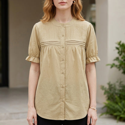 Vintage Pintuck Button-Front Puff Sleeve Blouse