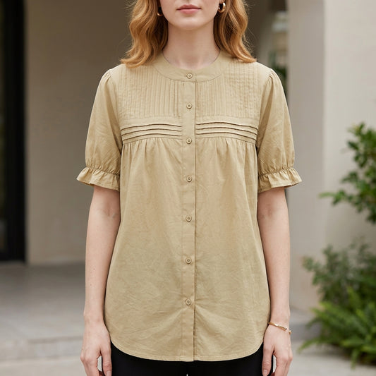Vintage Pintuck Button-Front Puff Sleeve Blouse