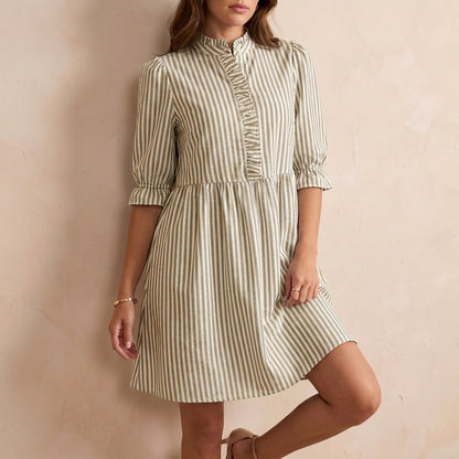 Retro-Inspired Puff Sleeve Mini Dress with Ruffled Stand Collar and Flared Skirt