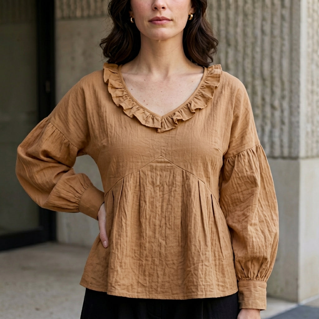 Relaxed Ruffle Trim V-Neck Peasant Blouse