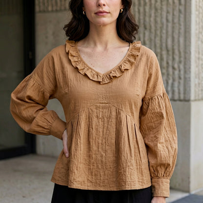 Relaxed Ruffle Trim V-Neck Peasant Blouse