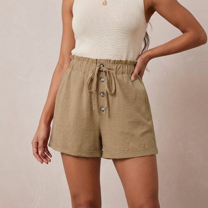 High Waist Woven Wide-Leg Shorts with Paperbag Waist and Drawstring