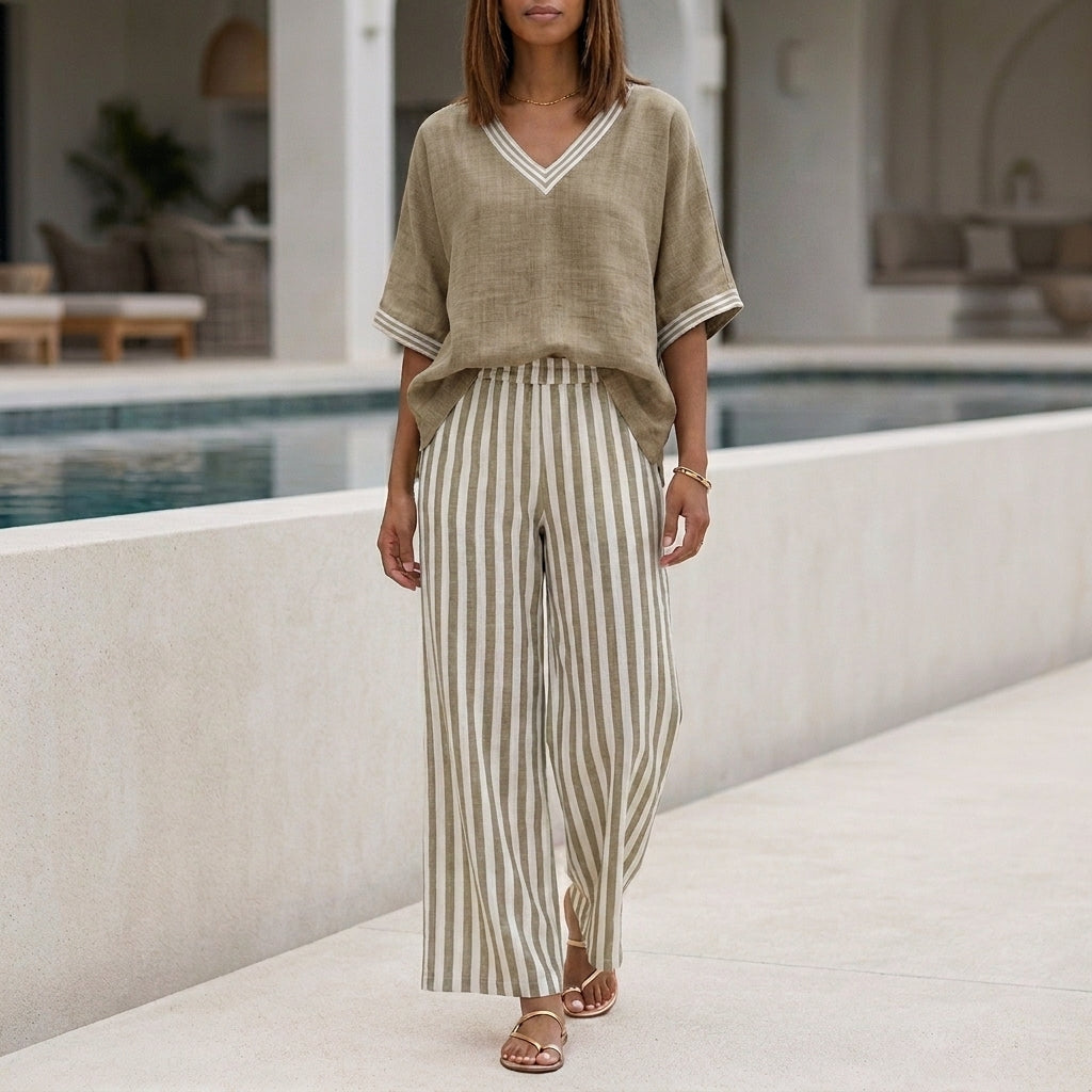 Relaxed V-Neck Two-Piece Set with Wide-Leg Striped Trousers