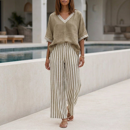 Relaxed V-Neck Two-Piece Set with Wide-Leg Striped Trousers