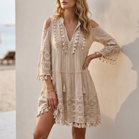 Bohemian Lace-Embroidered Mini Dress with Cold-Shoulder Tassel Details