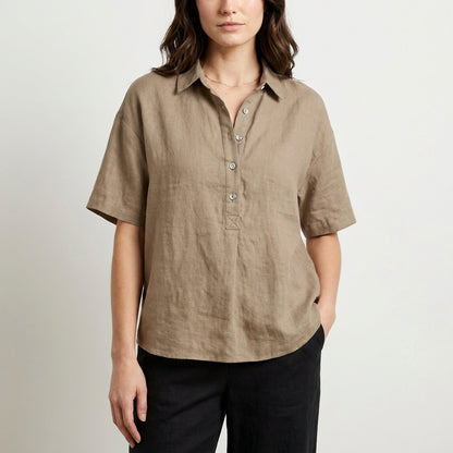 Relaxed Button Front Collared Short Sleeve Blouse
