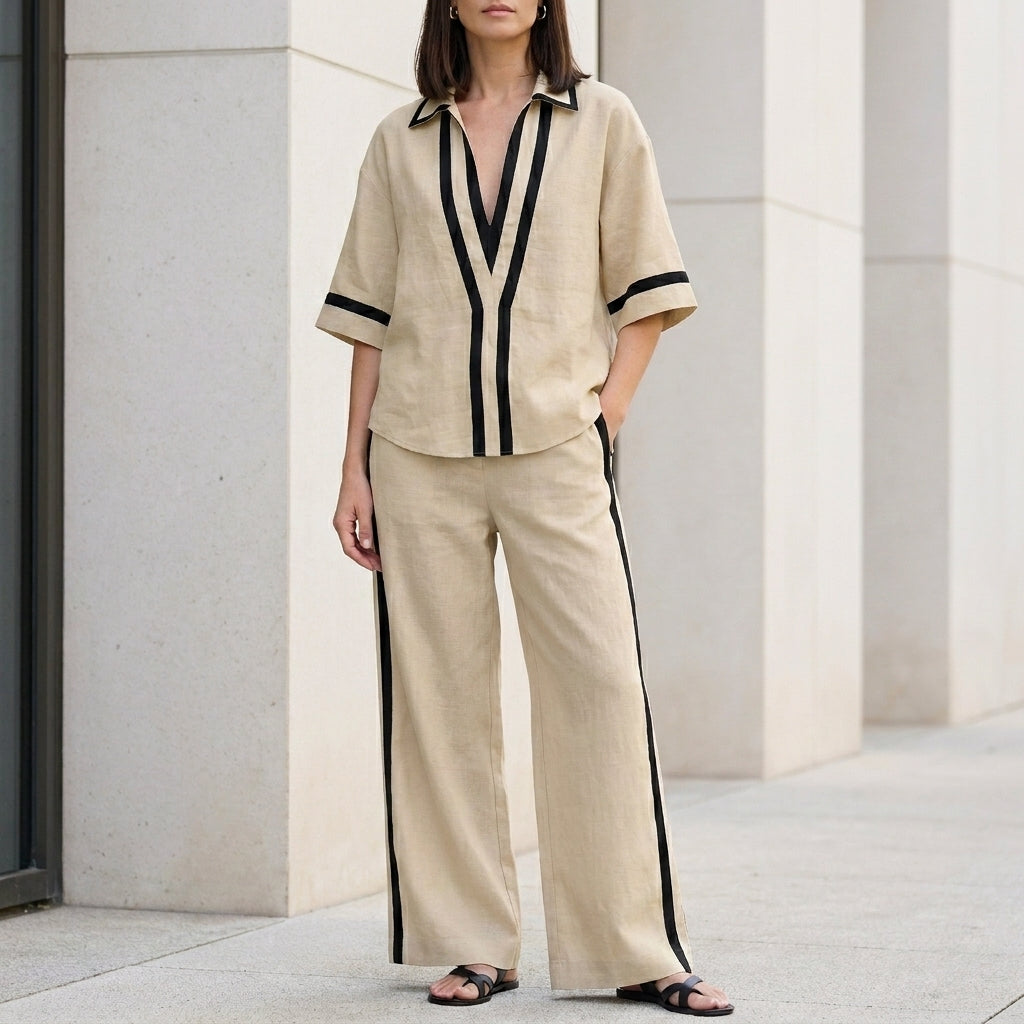Coastal Chic Contrast Trim Top and Wide-Leg Pants Set