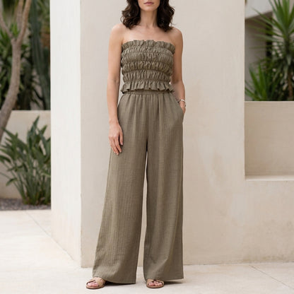 Smocked Strapless Top and Wide-Leg Pants Resort Set