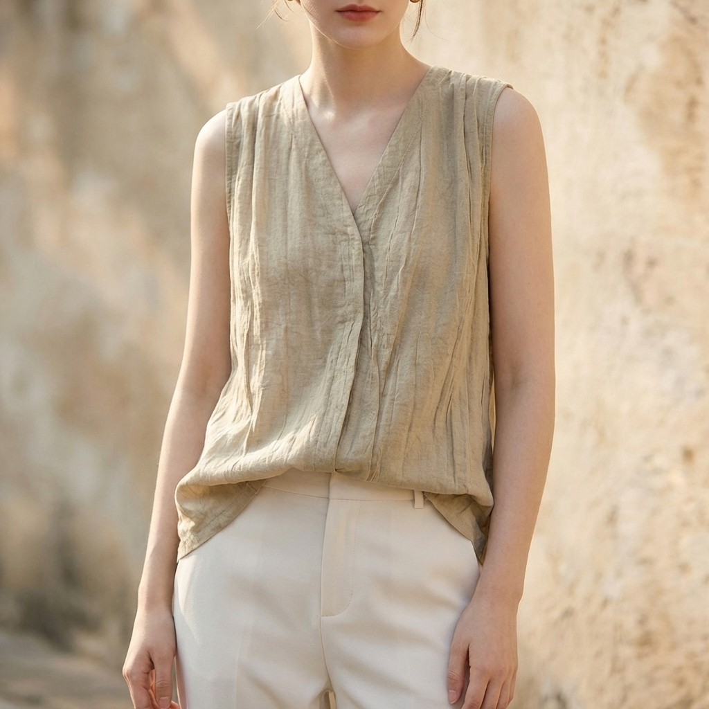 Flowing V-Neck Sleeveless Top with Pleated Crinkle Texture