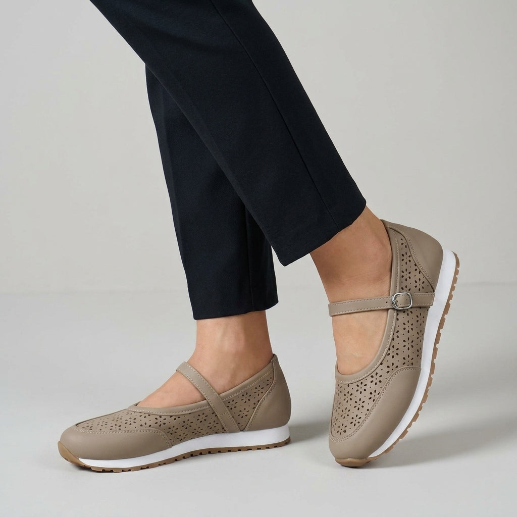 Perforated Mary Jane Comfort Sneakers with Buckle Strap