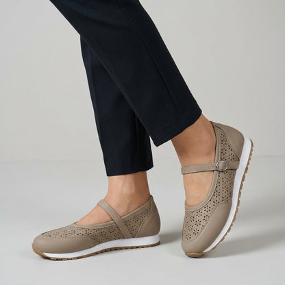 Perforated Mary Jane Comfort Sneakers with Buckle Strap