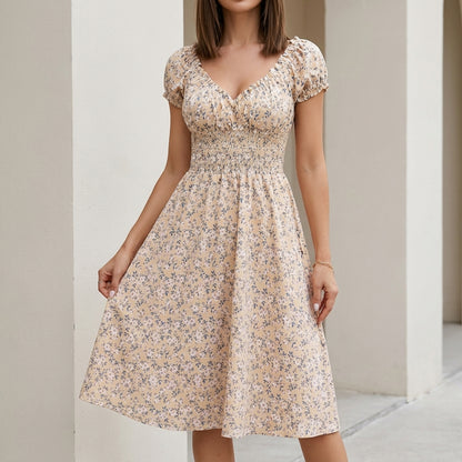 Vintage Floral Sweetheart Midi Dress with Smocked Waist Detail