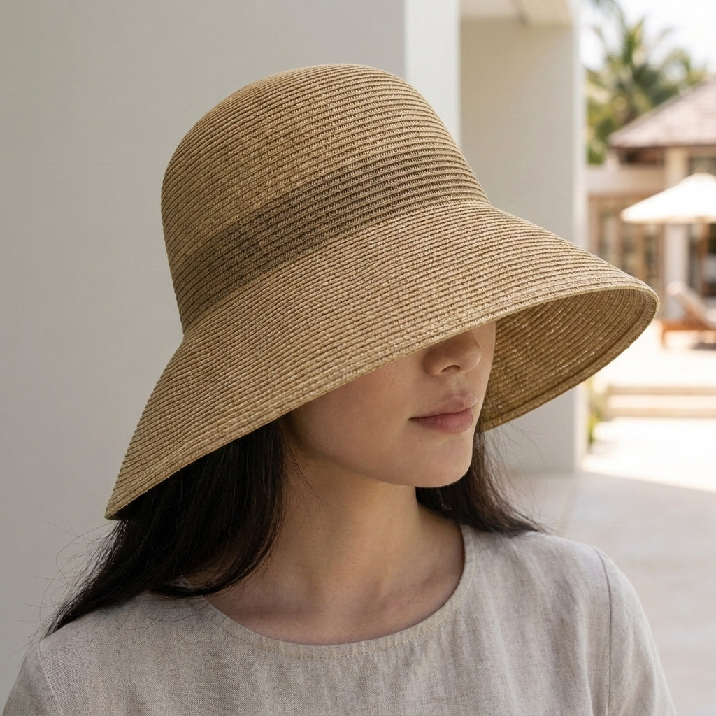 Structured Wide-Brimmed Bucket Hat with Deep Crown and Woven Texture