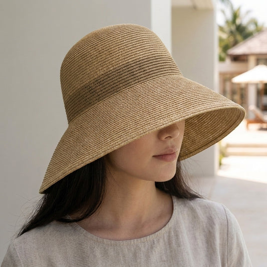 Structured Wide-Brimmed Bucket Hat with Deep Crown and Woven Texture