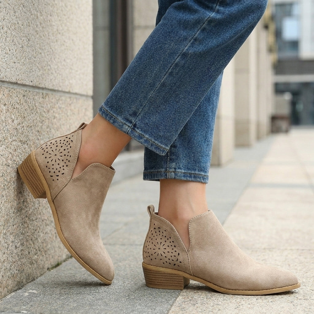 Perforated Side Panel Ankle Boots with Stacked Heel