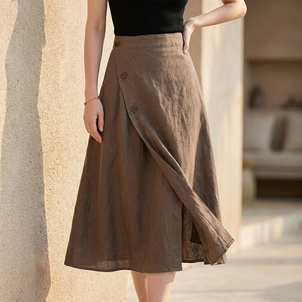 Button Detail Wrap Style Midi Skirt