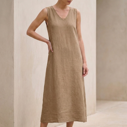 Effortless Cotton Linen V-Neck Sleeveless Shift Midi Dress with Pockets